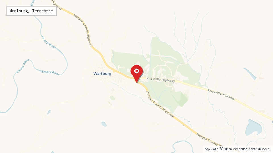 Street map of Wartburg, Tennessee with location pin