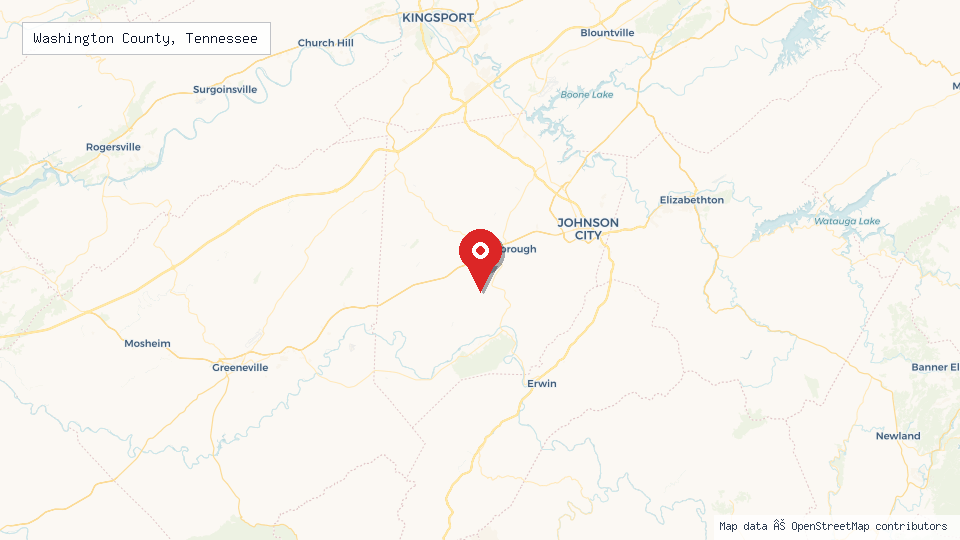 Street map of Washington County, Tennessee with location pin