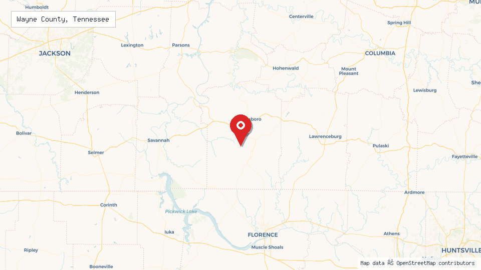 Street map of Wayne County, Tennessee with location pin