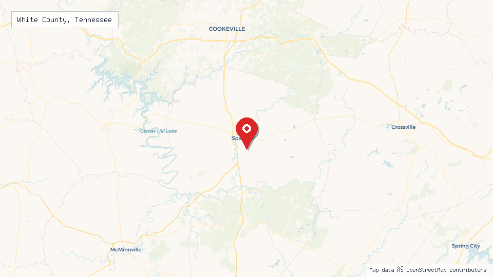 Street map of White County, Tennessee with location pin
