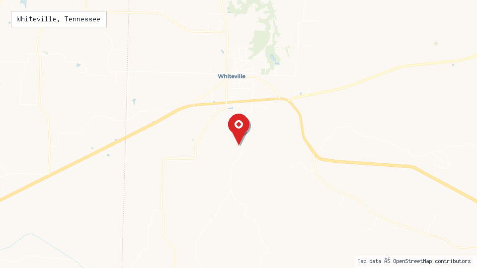 Street map of Whiteville, Tennessee with location pin