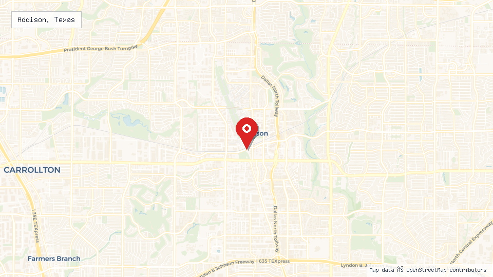 Street map of Addison, Texas with location pin