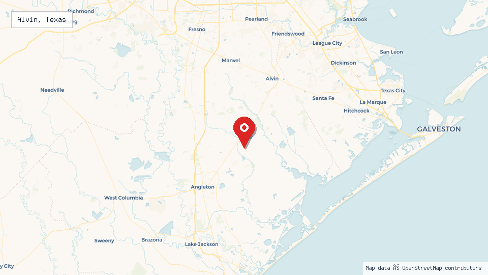 Street map of Alvin, Texas with location pin
