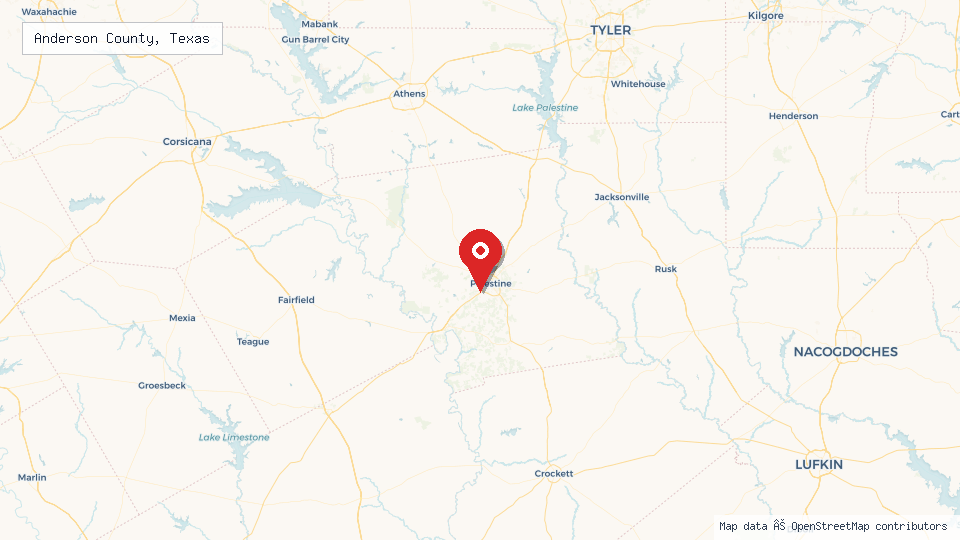 Street map of Anderson County, Texas with location pin
