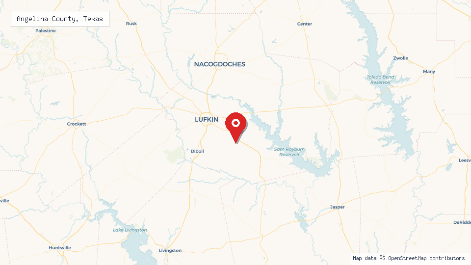 Street map of Angelina County, Texas with location pin