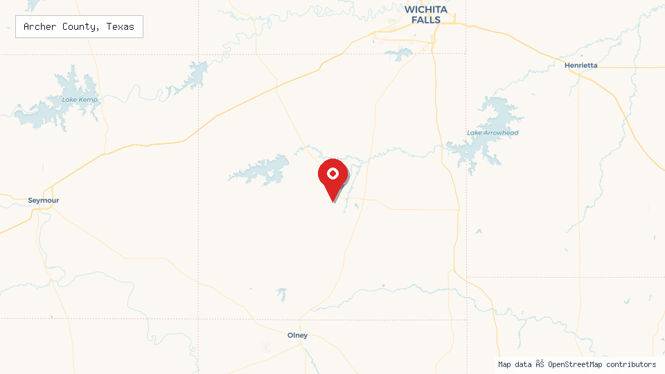 Street map of Archer County, Texas with location pin