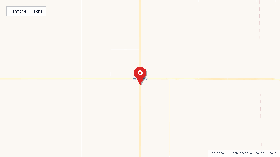 Street map of Ashmore, Texas with location pin
