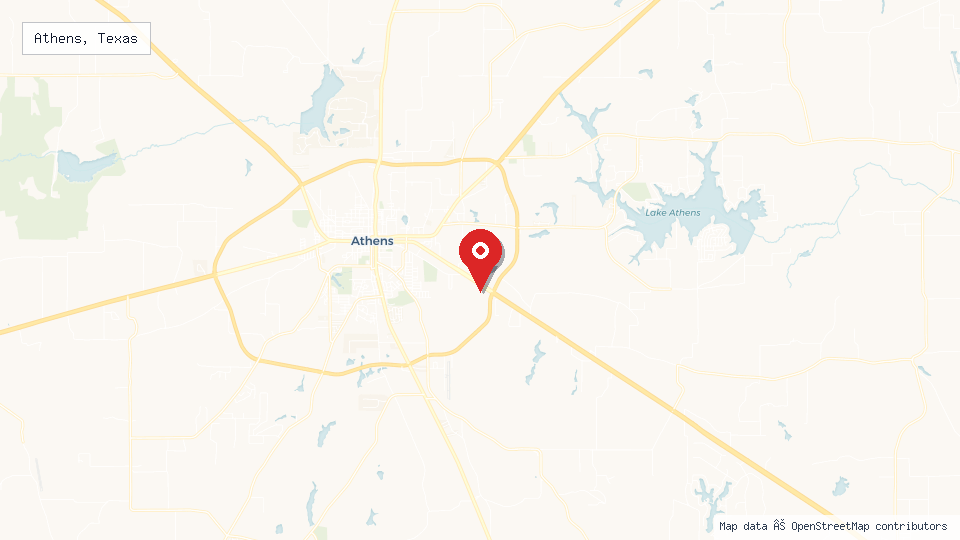 Street map of Athens, Texas with location pin