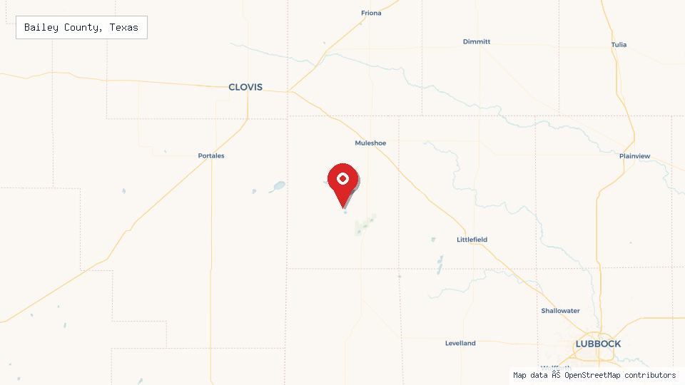 Street map of Bailey County, Texas with location pin
