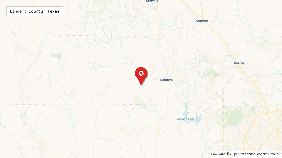 Street map of Bandera County, Texas with location pin