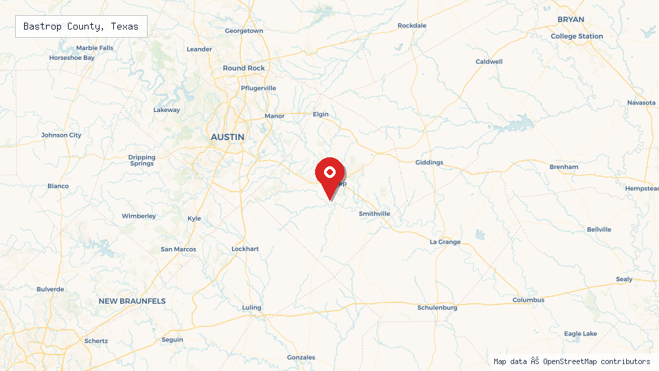 Street map of Bastrop County, Texas with location pin