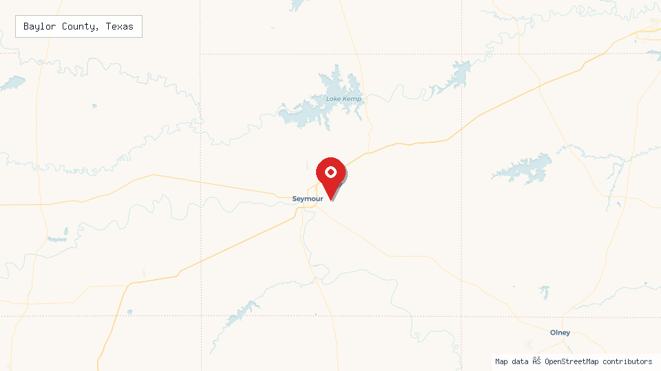 Street map of Baylor County, Texas with location pin