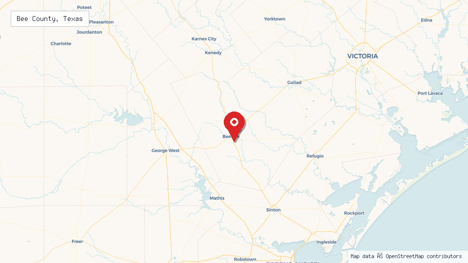 Street map of Bee County, Texas with location pin