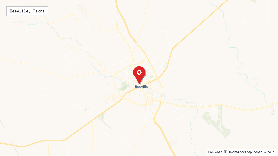 Street map of Beeville, Texas with location pin