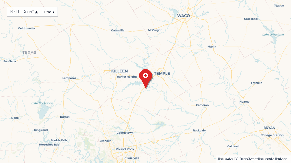 Street map of Bell County, Texas with location pin