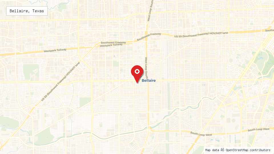 Street map of Bellaire, Texas with location pin
