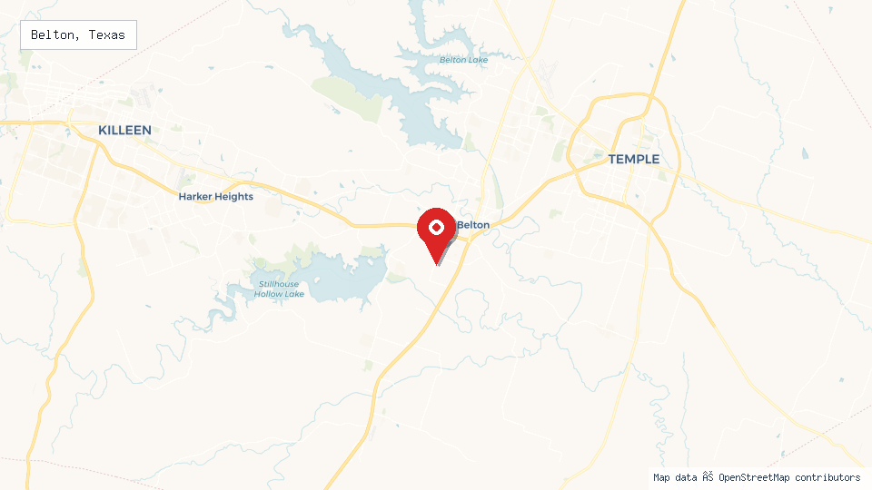 Street map of Belton, Texas with location pin