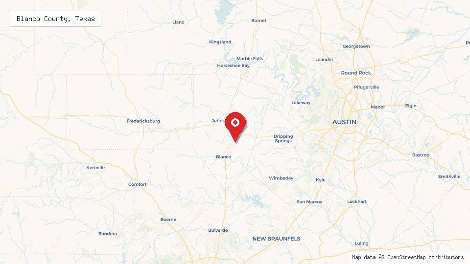 Street map of Blanco County, Texas with location pin