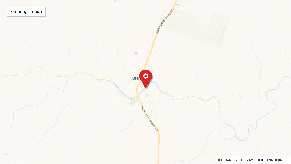 Street map of Blanco, Texas with location pin