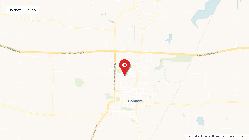 Street map of Bonham, Texas with location pin