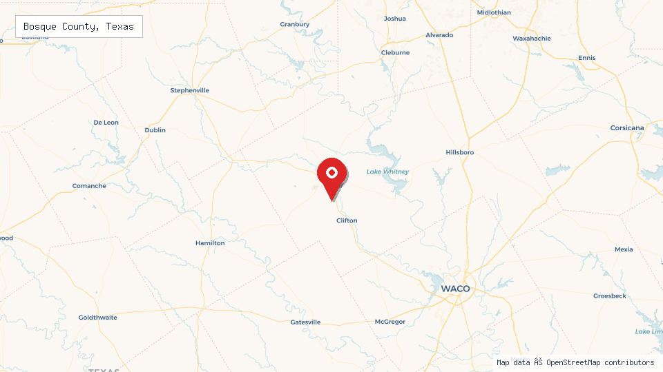 Street map of Bosque County, Texas with location pin