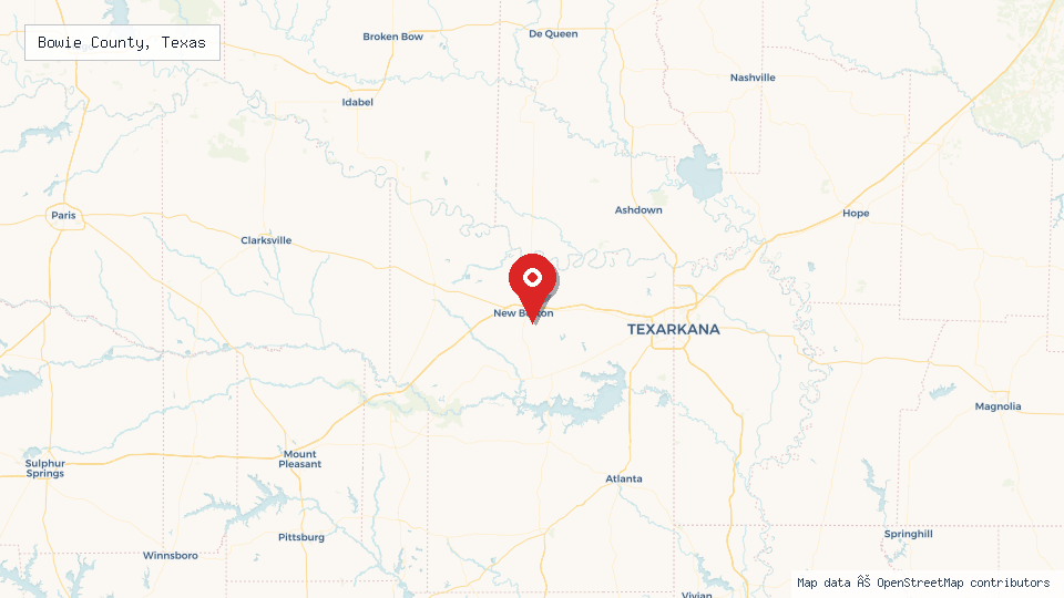 Street map of Bowie County, Texas with location pin