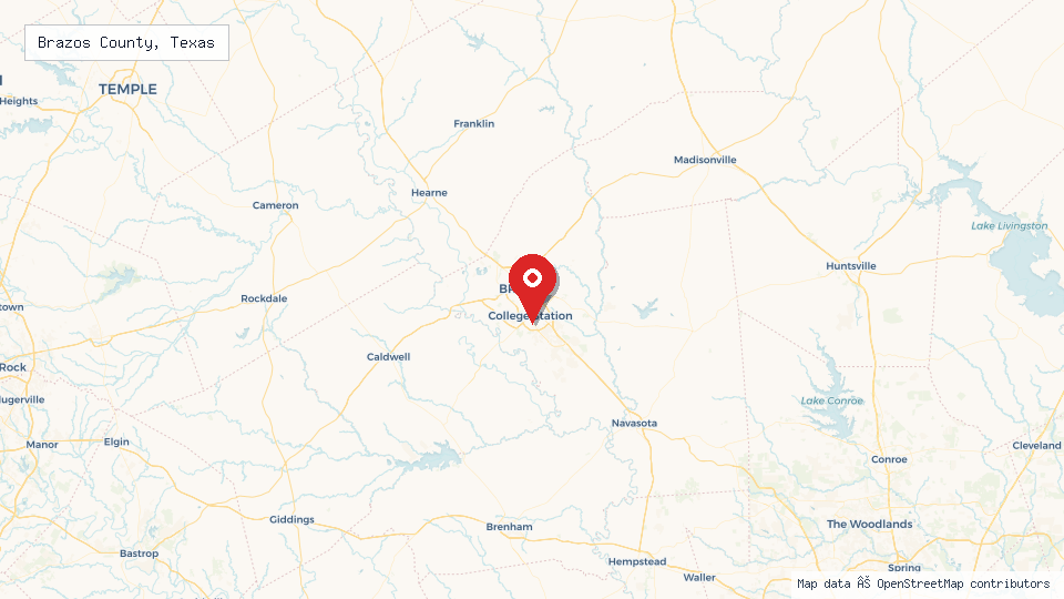 Street map of Brazos County, Texas with location pin