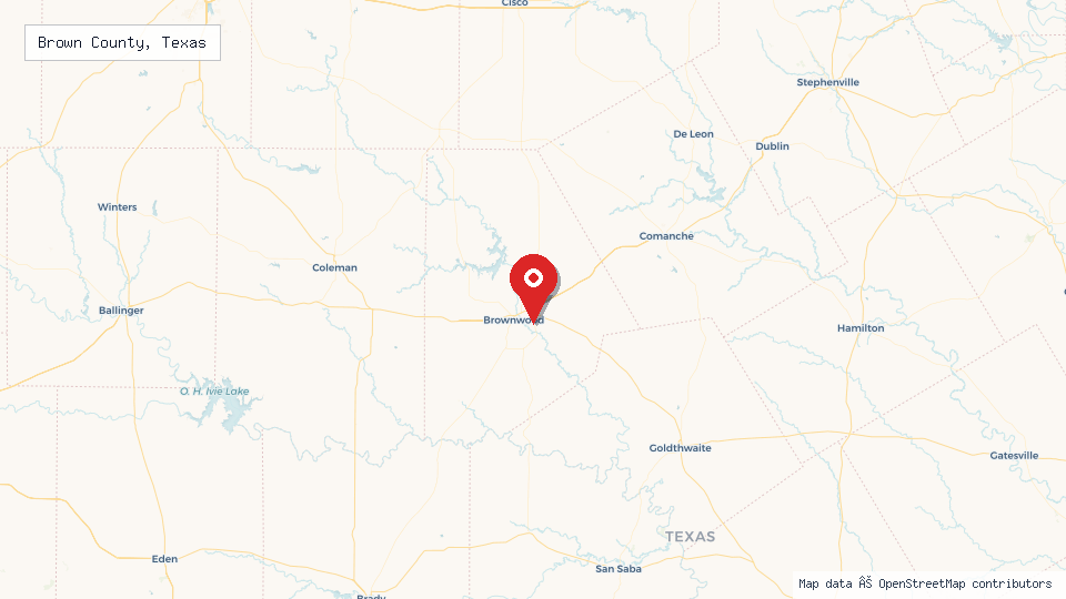 Street map of Brown County, Texas with location pin
