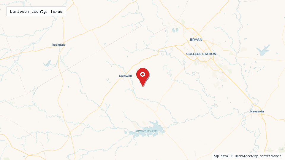 Street map of Burleson County, Texas with location pin