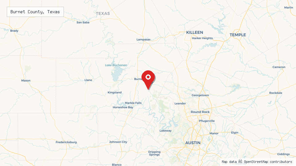 Street map of Burnet County, Texas with location pin