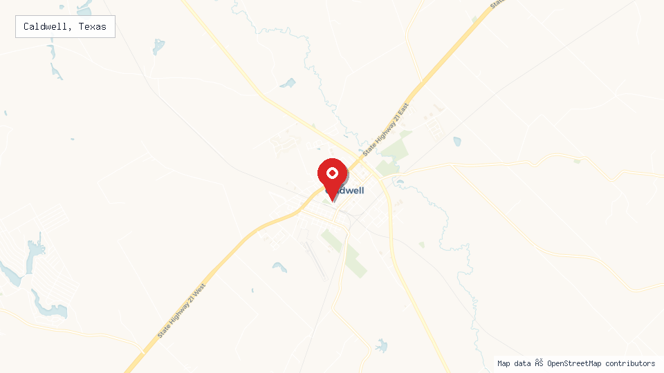 Street map of Caldwell, Texas with location pin