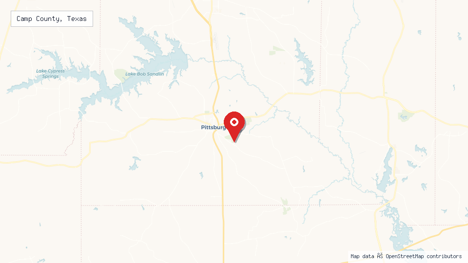 Street map of Camp County, Texas with location pin