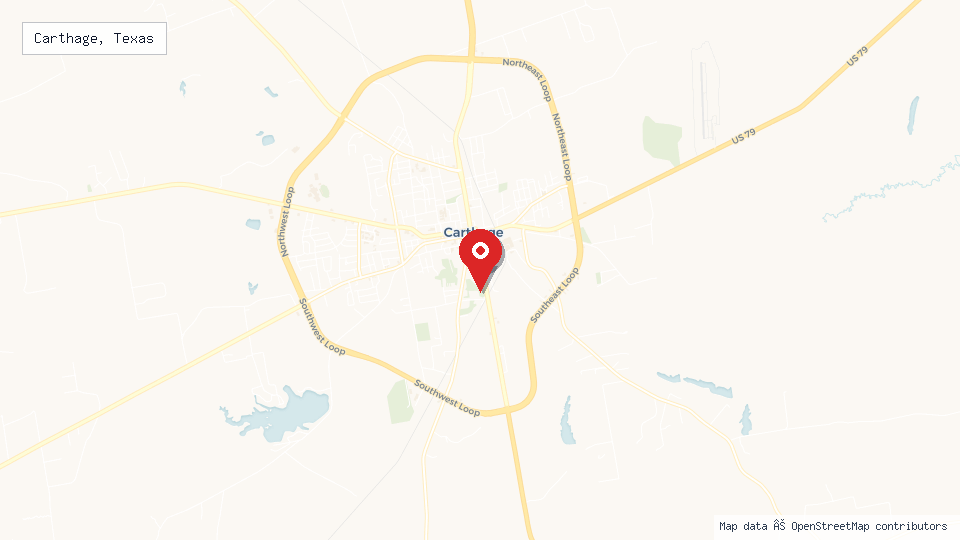 Street map of Carthage, Texas with location pin