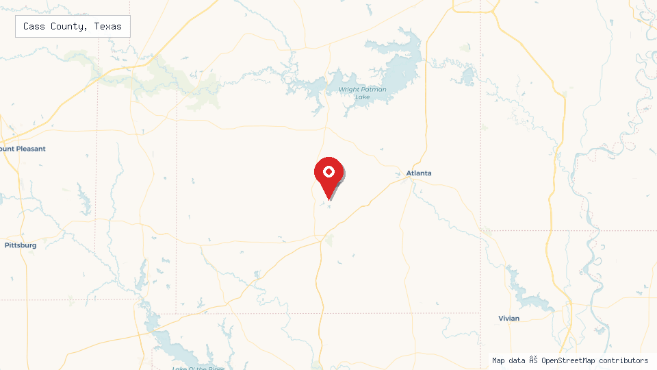 Street map of Cass County, Texas with location pin