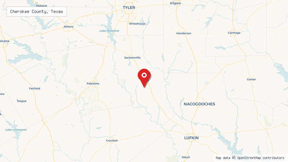Street map of Cherokee County, Texas with location pin