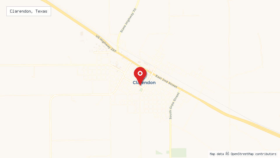 Street map of Clarendon, Texas with location pin