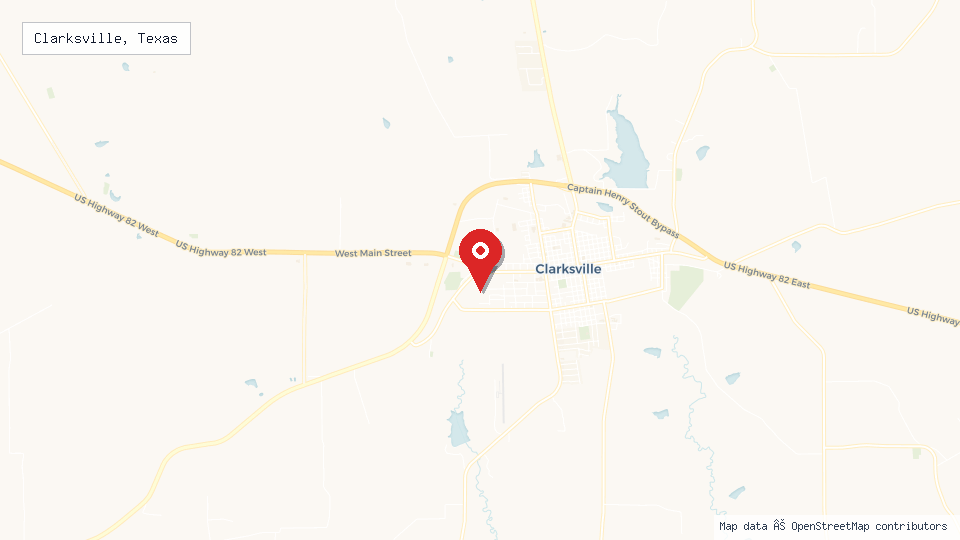 Street map of Clarksville, Texas with location pin