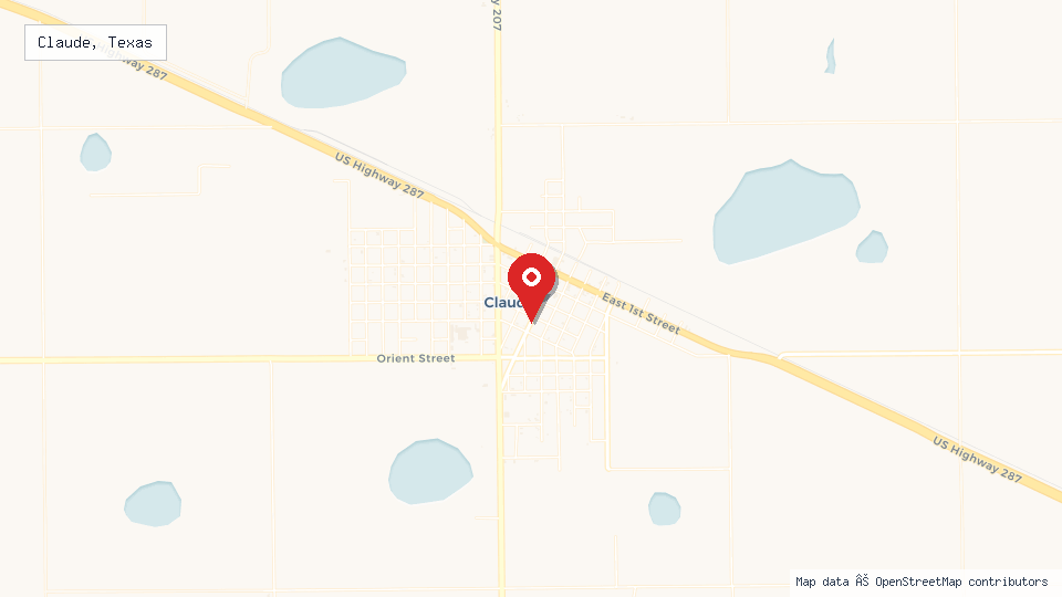 Street map of Claude, Texas with location pin