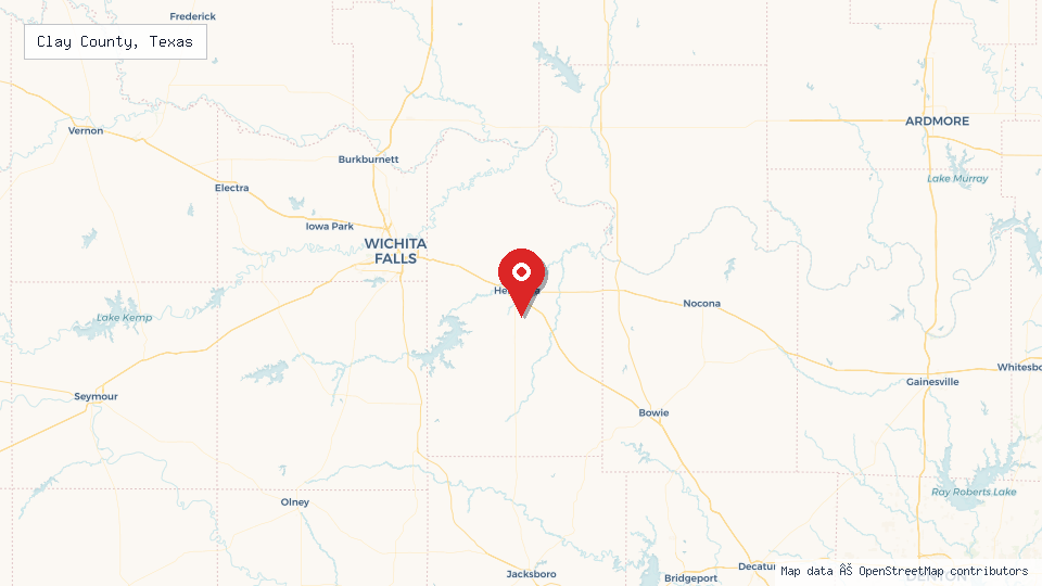 Street map of Clay County, Texas with location pin