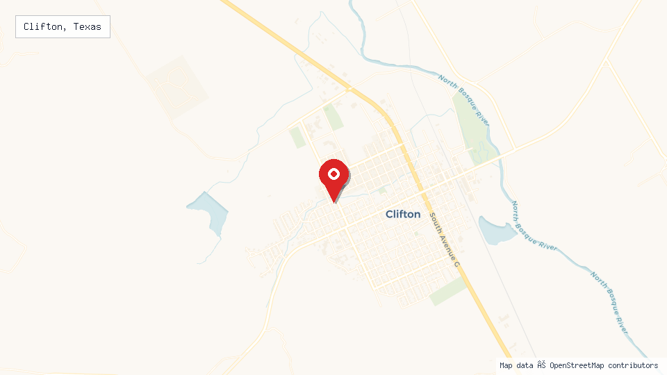 Street map of Clifton, Texas with location pin