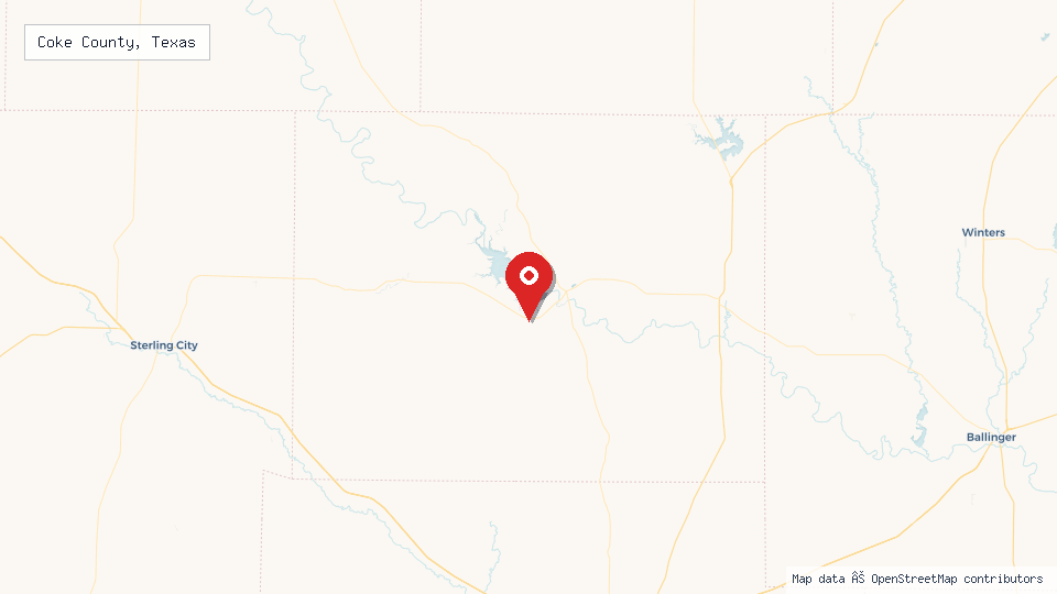 Street map of Coke County, Texas with location pin