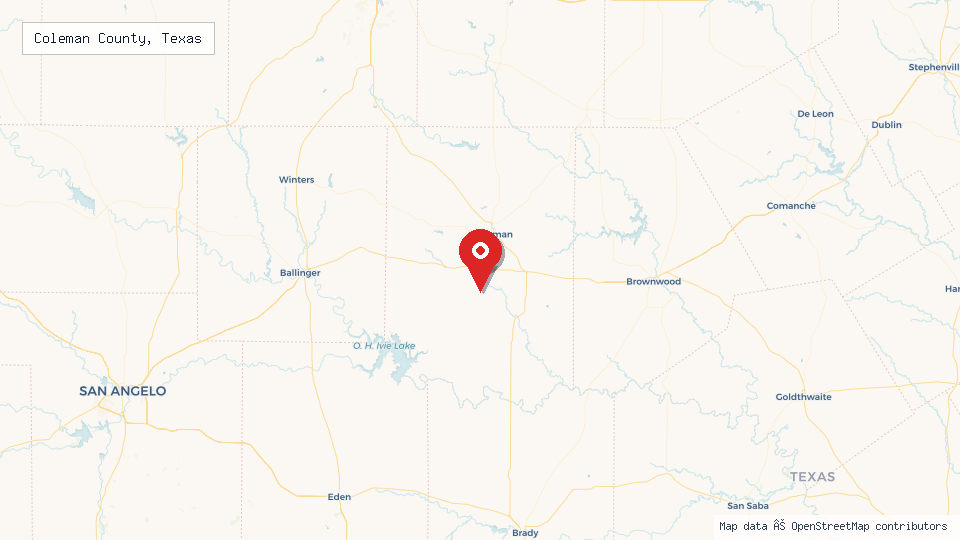 Street map of Coleman County, Texas with location pin
