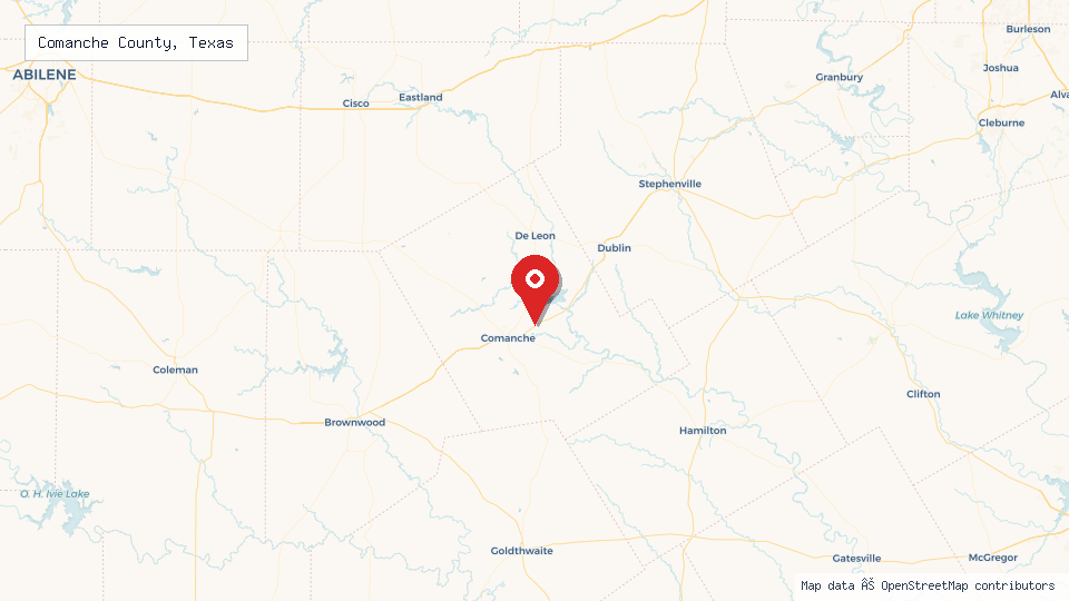 Street map of Comanche County, Texas with location pin