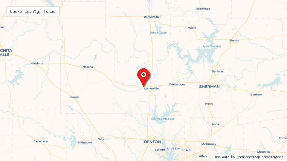 Street map of Cooke County, Texas with location pin