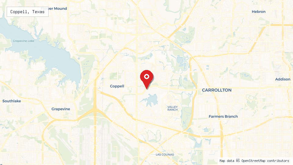 Street map of Coppell, Texas with location pin