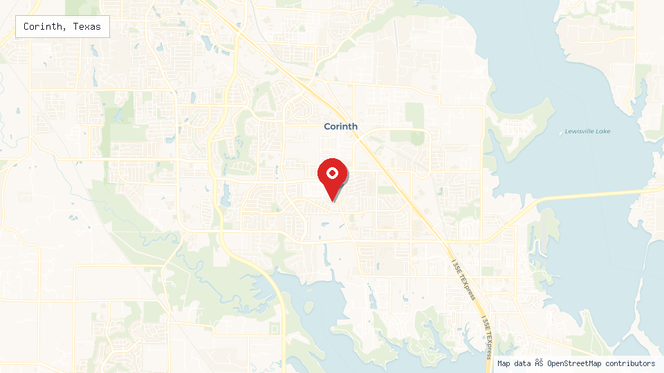 Street map of Corinth, Texas with location pin