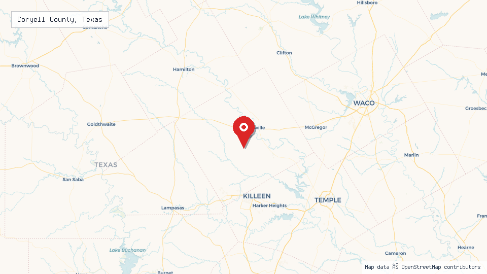Street map of Coryell County, Texas with location pin