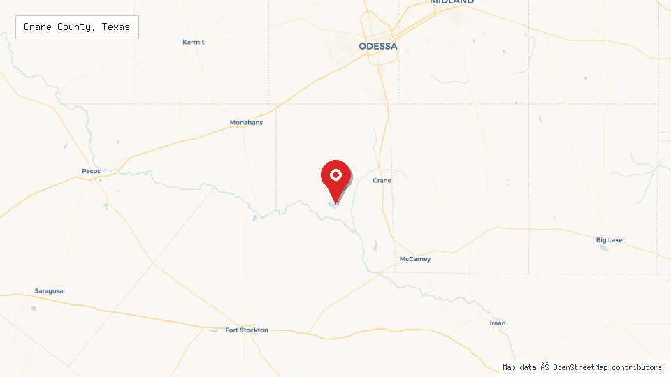 Street map of Crane County, Texas with location pin