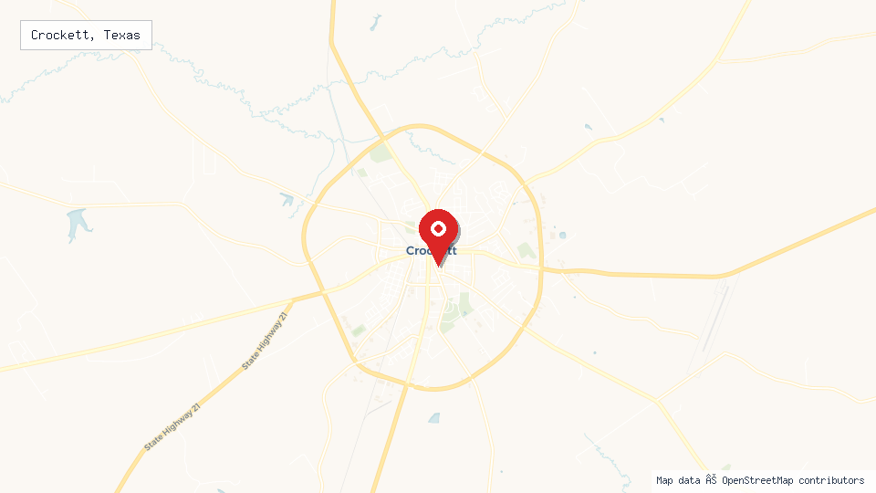 Street map of Crockett, Texas with location pin