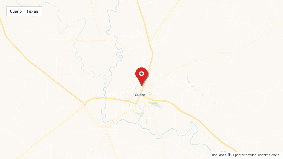 Street map of Cuero, Texas with location pin